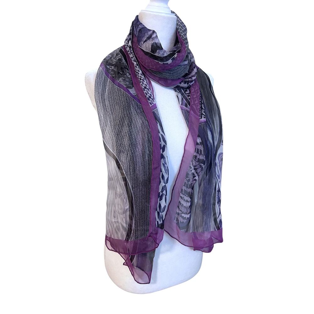 Romeo Gigli Silk Scarf Sheer 70" x 20" Black White Purple Pink